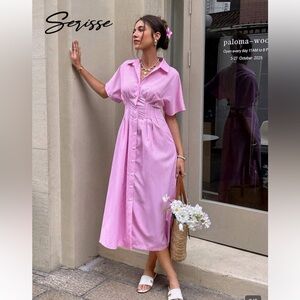 SHEIN Pink Striped Button-Front Midi Dress